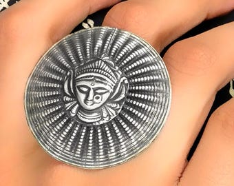 Handmade Oxidized Sterling Silver Durga Ring, Adjustable Indian Jewelry