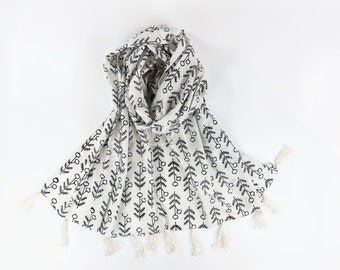 Hand-Block-Print-Baumwollschal, Schwarz-Weiß-Botanik, handgefertigt in Indien