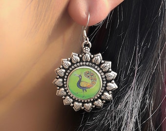 Hand Painted Peacock Sterling Silver Dangle Earrings, Oxidized Finish