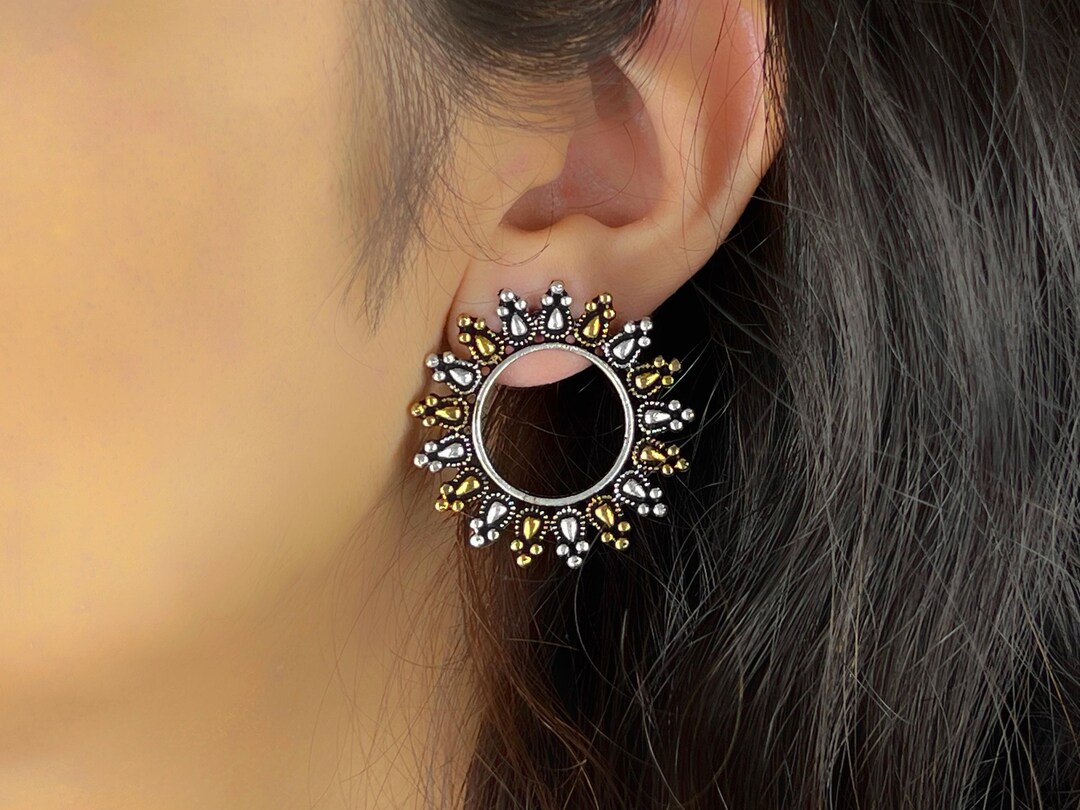 Handmade Oxidized Dual Tone Silver Stud Earrings for Women, Unique ...