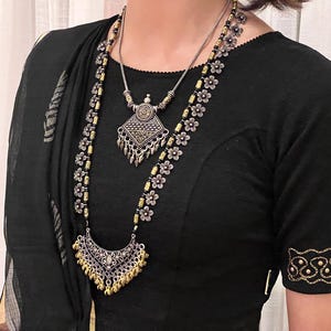 Long Indian Necklace Set, Silver Gold Statement Necklace, Boho Hippie Jewelry, Navratri Jewelry, Oxidized Bollywood Jewelry For Women & Girl