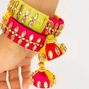 Silk Thread Bangle Pair With Latkan For Women, Indian Kundan Jewelry, Multi Color Pakistani Bangles Jewelry, Rhinestones Bangle Bracelet