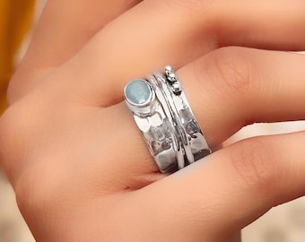 Handmade Hammered Sterling Silver Aquamarine Spinner Ring