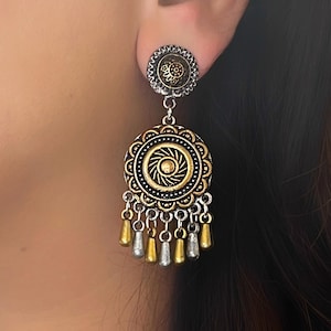 Dual Tone Oxidized Statement Mandala Earring for Her, Long Boho Chakra Dangler for Women, Bollywood Indian Drop Earring, Afghani Jewelry
