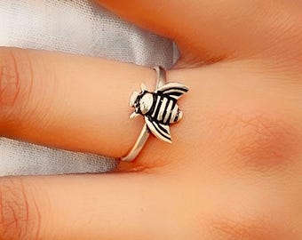 Sterling Silver Bee Ring, Oxidized Honey Bee Jewelry, Adjustable