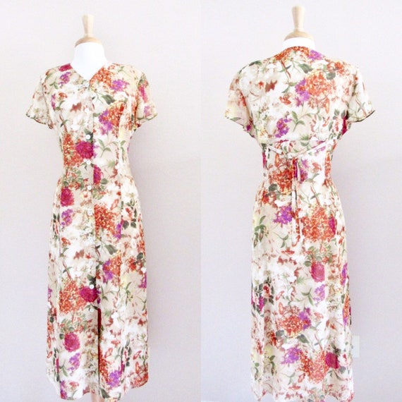 Floral, silk, mid-calf-length dress - Size 10 - V… - image 1