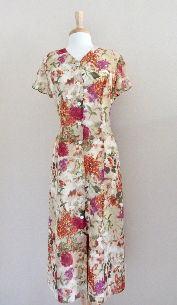 Floral, silk, mid-calf-length dress - Size 10 - V… - image 3