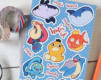 Hoja de calcomanías de Pokémon de tipo agua: serie de tipos de Pokémon