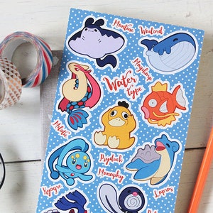 May include: A set of 11 water-type Pokemon stickers on a blue background with white polka dots. The stickers feature various Pokemon, including  Magikarp,  Wailord,  Mantine,  Psyduck,  Manaphy,  Lapras,  Polliwag,  Kyogre,  Milotic,  Pyukumuku, and  a black and pink Pokemon.