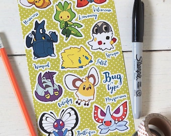 Hoja de calcomanías de Pokémon de tipo bicho: serie de tipos de Pokémon