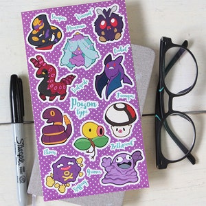 May include: A sheet of stickers featuring various Pokemon characters from the Poison type. The stickers are on a purple background with white polka dots. The Pokemon featured include:  Scorpup, Venonat, Mareanie, Crobat,  Scolopendra, Foongus, Ekans, Bellsprout, Grimer, and Koffing.