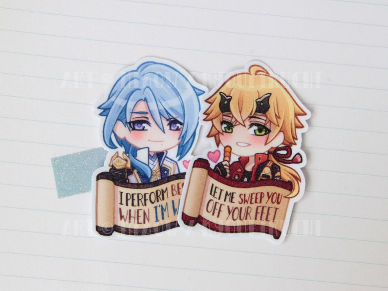 May include: Two cartoon characters on scrolls with text. The character on the left is blue-haired and holding a sword. The scroll says "I perform best when I'm w". The character on the right is blonde and holding a staff. The scroll says "Let me sweep you off your feet".