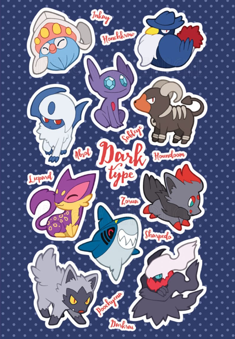 Dark Type Pokemon Sticker Sheet Pokemon Type Series Etsy