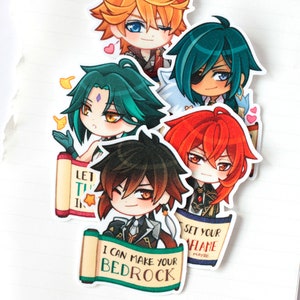 May include: Five illustrated stickers featuring anime-style characters with different colored hair and clothing. Each sticker has a speech bubble with text. The text on the stickers reads "Let the Time In", "I Can Make Your Bedrock", "Set Your Flame Maybe", and two other phrases that are partially obscured.