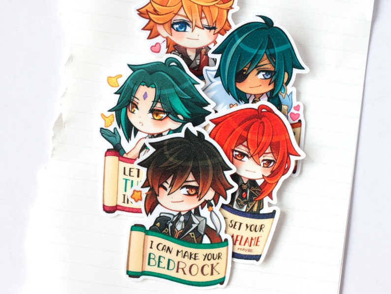May include: Five illustrated stickers featuring anime-style characters with different colored hair and clothing. Each sticker has a speech bubble with text. The text on the stickers reads "Let the Time In", "I Can Make Your Bedrock", "Set Your Flame Maybe", and two other phrases that are partially obscured.