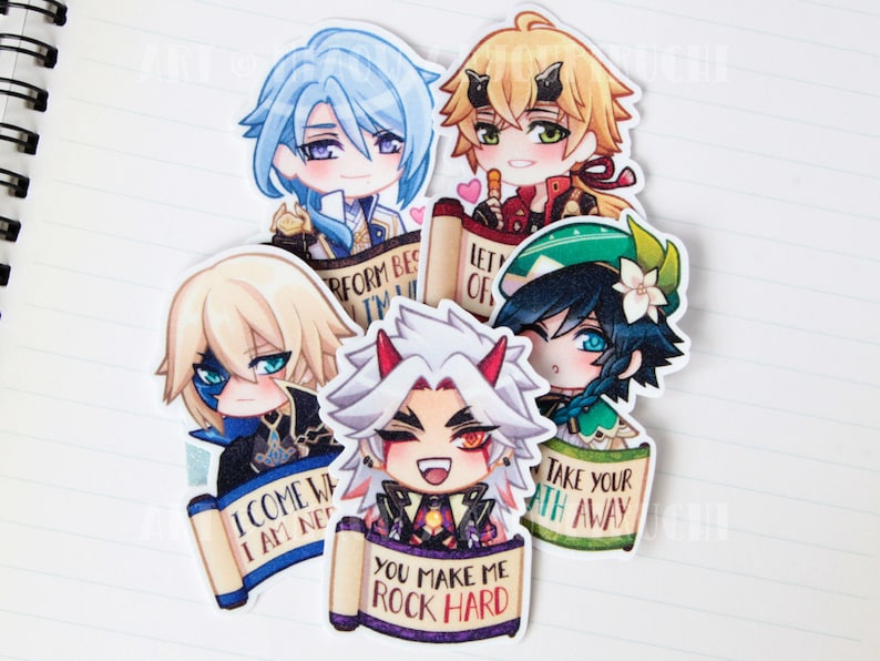 May include: Five illustrated stickers featuring anime-style characters holding scrolls with text. The text on the scrolls reads "I come when I am needed", "Perform best I'm willing", "Let me of", "Take your breath away", and "You make me rock hard".
