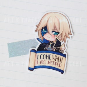 May include: A sticker featuring a cartoon character with blonde hair, blue eyes, and a blue and gold outfit. The character is holding a scroll with the text "I come when I am needed".
