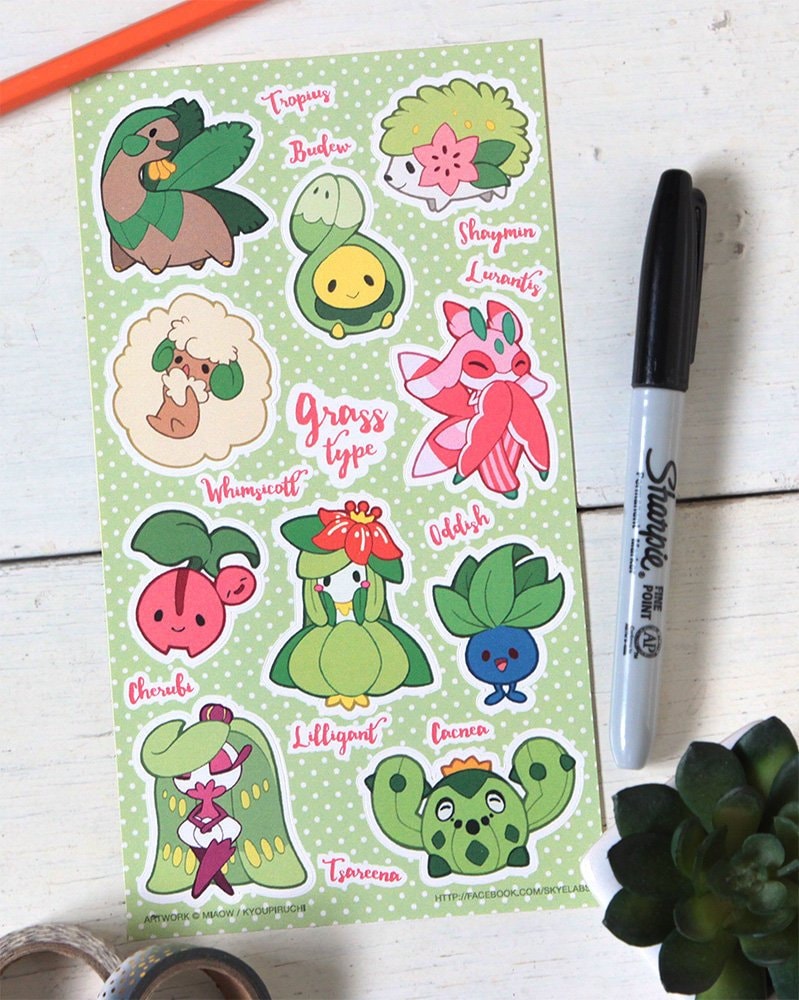 Grass Type Pokemon Sticker Sheet Pokemon Type Series Etsy