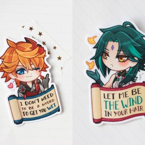 May include: Two illustrated stickers featuring anime-style characters. The first sticker features a character with orange hair and a red and white outfit. The text on the sticker reads "I don't need to be a hydro to get you wet". The second sticker features a character with green hair and a white and blue outfit. The text on the sticker reads "Let me be the wind in your hair".