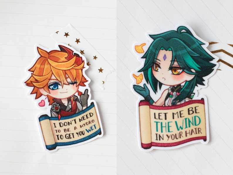 May include: Two illustrated stickers featuring anime-style characters. The first sticker features a character with orange hair and a red and white outfit. The text on the sticker reads "I don't need to be a hydro to get you wet". The second sticker features a character with green hair and a white and blue outfit. The text on the sticker reads "Let me be the wind in your hair".