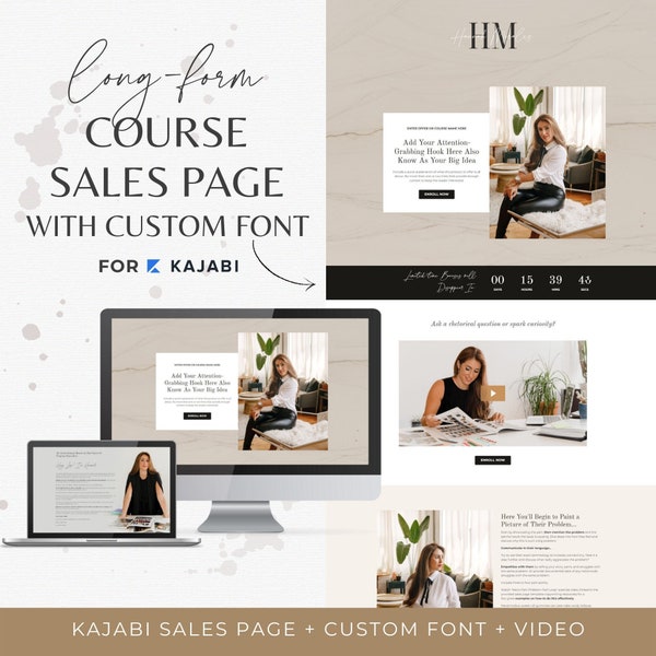 Kajabi Long-Form Sales Page + Custom Font + Video | Landing Page Feminine Template - Black & White Minimalist