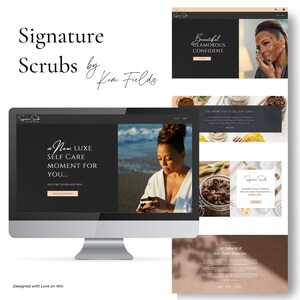 May include: Website homepage for Signature Scrubs by Kim Fields, featuring a woman in a white robe holding a jar of scrub. The website text reads "a New, LUXE SELF CARE MOMENT FOR YOU... His & Her Scrubs are here" and "Beautiful GLAMOROUS. CONFIDENT."
