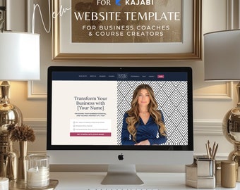 May include: A computer screen displaying a website template for business coaches and course creators. The website features a black and white geometric pattern background with a woman in a blue dress. The text on the screen reads "Transform Your Business with [Your Name]" and "Unlocking Your Business Potential, One Tailored Strategy at a Time."