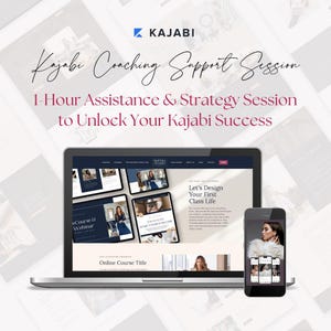 May include: A laptop computer displaying a website with the text "Let's Design Your First Class Life" and a screenshot of a Kajabi online course titled "Online Course Title". The laptop is on a white surface with a white background.