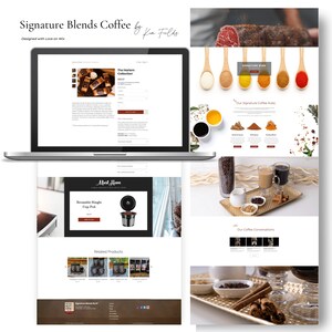 May include: A laptop computer displaying a website for Signature Blends Coffee. The website features a product description, a "Must Have" section, and a "Related Products" section. The website also includes a section for "Our Coffee Conversations".