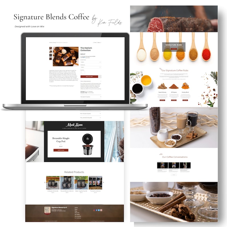 May include: A laptop computer displaying a website for Signature Blends Coffee. The website features a product description, a "Must Have" section, and a "Related Products" section. The website also includes a section for "Our Coffee Conversations".