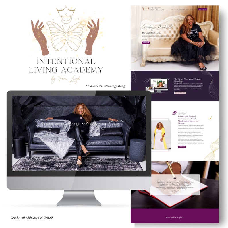May include: A website screenshot for Intentional Living Academy by Fren Light. The website features a gold butterfly logo with a crown, a woman sitting on a black couch, and text that says "Greetings Beautiful" and "The Magic Starts Here".