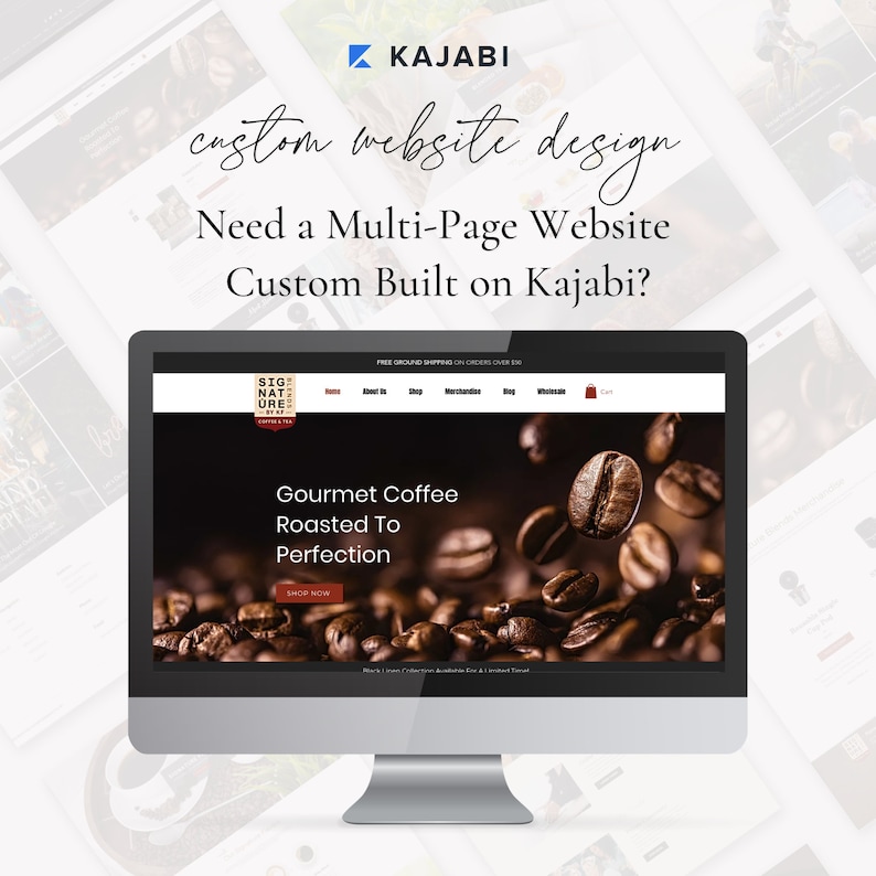 May include: A computer screen displaying a website for a coffee company called "Sig Nature Coffee & Tea". The website features a photo of coffee beans falling against a dark background. The text "Gourmet Coffee Roasted To Perfection" is displayed on the website. The website also includes a "Shop Now" button.