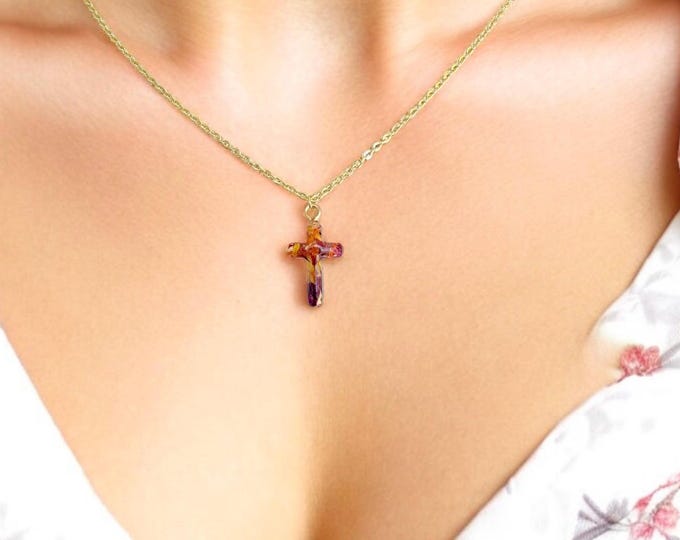 Cross Memorial Necklace made with flowers. Memorial jewelry, Wedding Flowers. Funeral Flowers. Made with real flowers