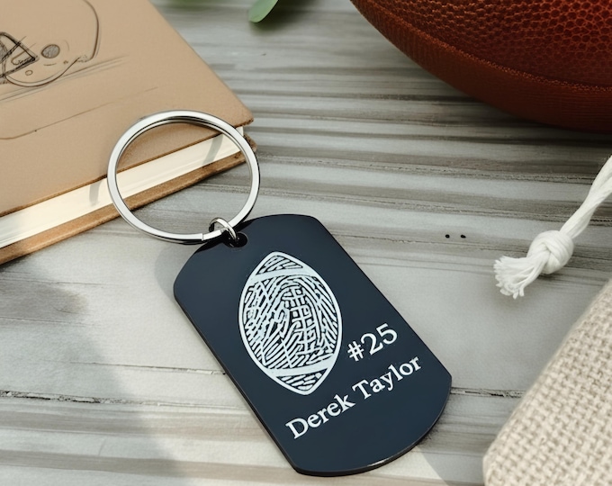 Dog Tag Keychain Memorial Jewelry, Memorial Football fingerprint keychain. Memorial Keepsake. Fingerprint necklace. Finger Print Keychain