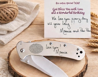 Memorial Fingerprint Knife, Custom Engraved Pocket Knife with Handwriting, Personalized Thumbprint Gift for Him, Funeral Keepsake, Sympathy