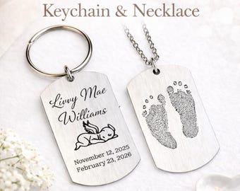 Baby Feet Print Dog Tag Keychain, Memorial Fingerprint Keepsake, Stainless Steel Gift, FingerPrint Dog Tag, Foot Print Dog Tag Necklace