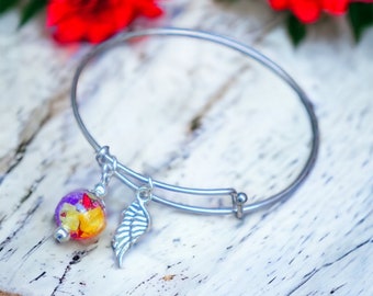 Floral Stainless Steel Bangle, Memorial Flower Bead Bracelet