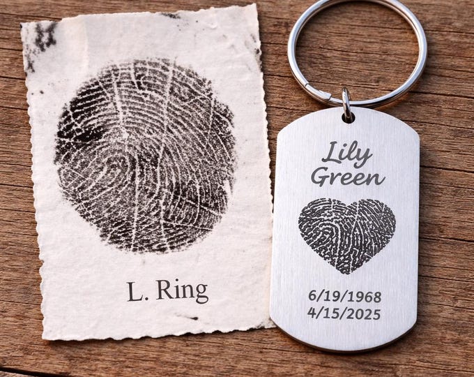 Custom Handwriting Fingerprint Dog Tag Keychain, Heart Dog Tag Memorial Keepsake Jewelry