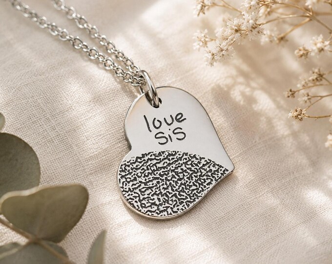 Heart Fingerprint Necklace, Stainless Steel Memorial Keepsake