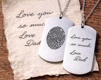 Dad Handwriting Dog Tag Keychain, Memorial Fingerprint Keepsake, Stainless Steel Gift, Finger Print Dog Taf