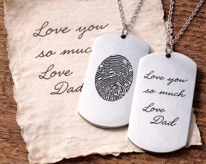 Dad Handwriting Dog Tag Keychain, Memorial Fingerprint Keepsake, Stainless Steel Gift, Finger Print Dog Taf