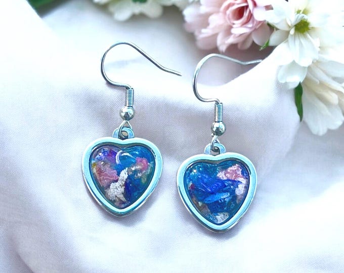 12mm Stainless Steel Heart earrings.  Memorial Jewelry, Memorial Beads. Wedding Flowers. Funeral Flowers. Made with real flowers