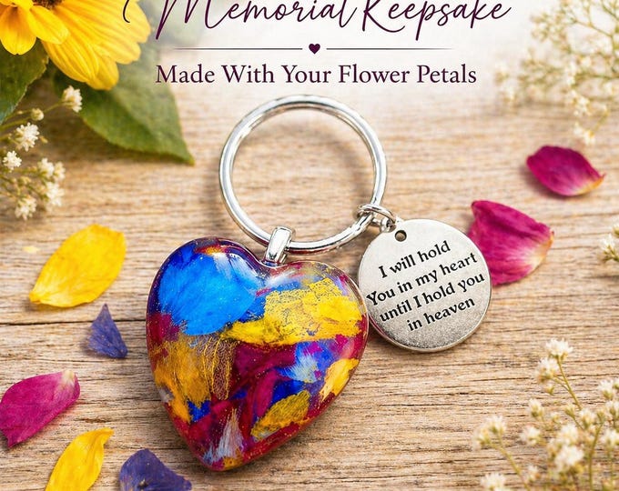 Custom Flower Petal Heart Keychain, Memorial Jewelry
