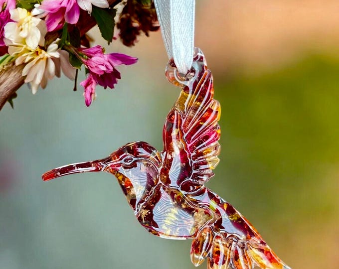 Hummingbird ornament. Memorial Jewelry, Humming Bird  Christmas Ornaments. Memorial Beads. Funeral Flowers. Made with real flowers.