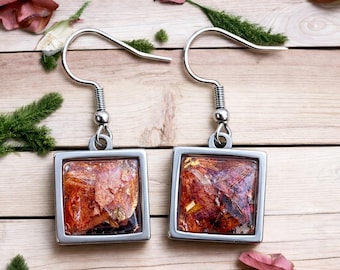 12mm Stainless Steel Square Earrings with Real Flowers, Memorial Jewelry