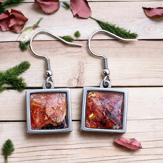 12mm Stainless Steel Square Earrings with Real Flowers, Memorial Jewelry