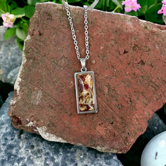 Flower Petal Stainless Steel Rectangle Memorial Necklace (10x25mm)