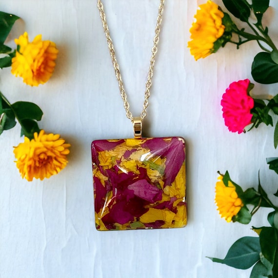 Square Flower Petal Pendant: Memorial Keepsake, Wedding, Funeral