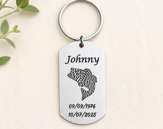 Personalized Stainless Steel Dog Tag Keychain, Fish Fingerprint Memorial Jewelry