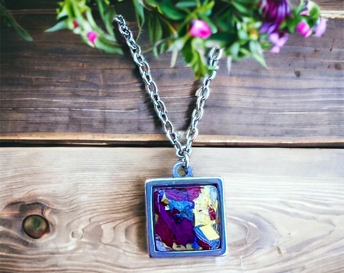 12mm Stainless Steel Square pendant.  Memorial Jewelry, Memorial beads. Wedding flowers. Funeral flowers. Made with real flowers